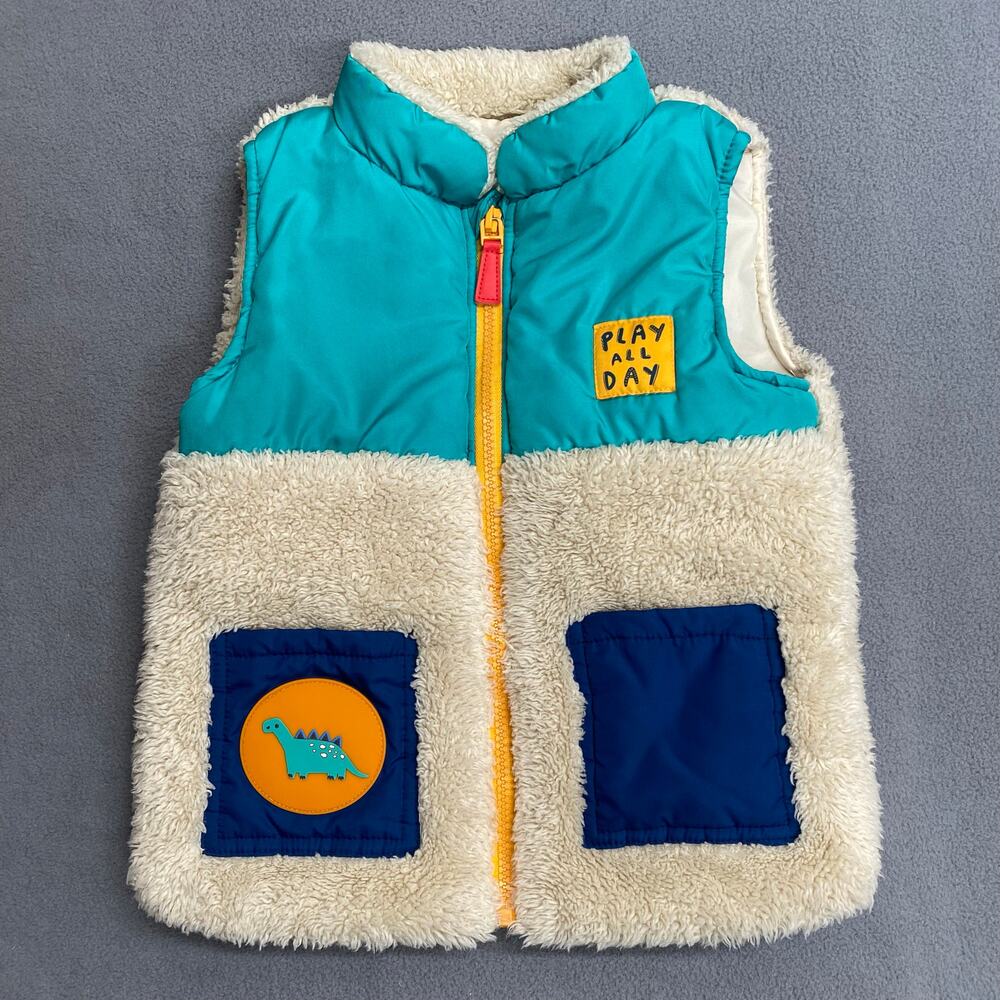 Dunnes‎ Stores Ireland Full Zip Faux Sherpa Fleece Vest Boys 3-4 Dinosaur Cute